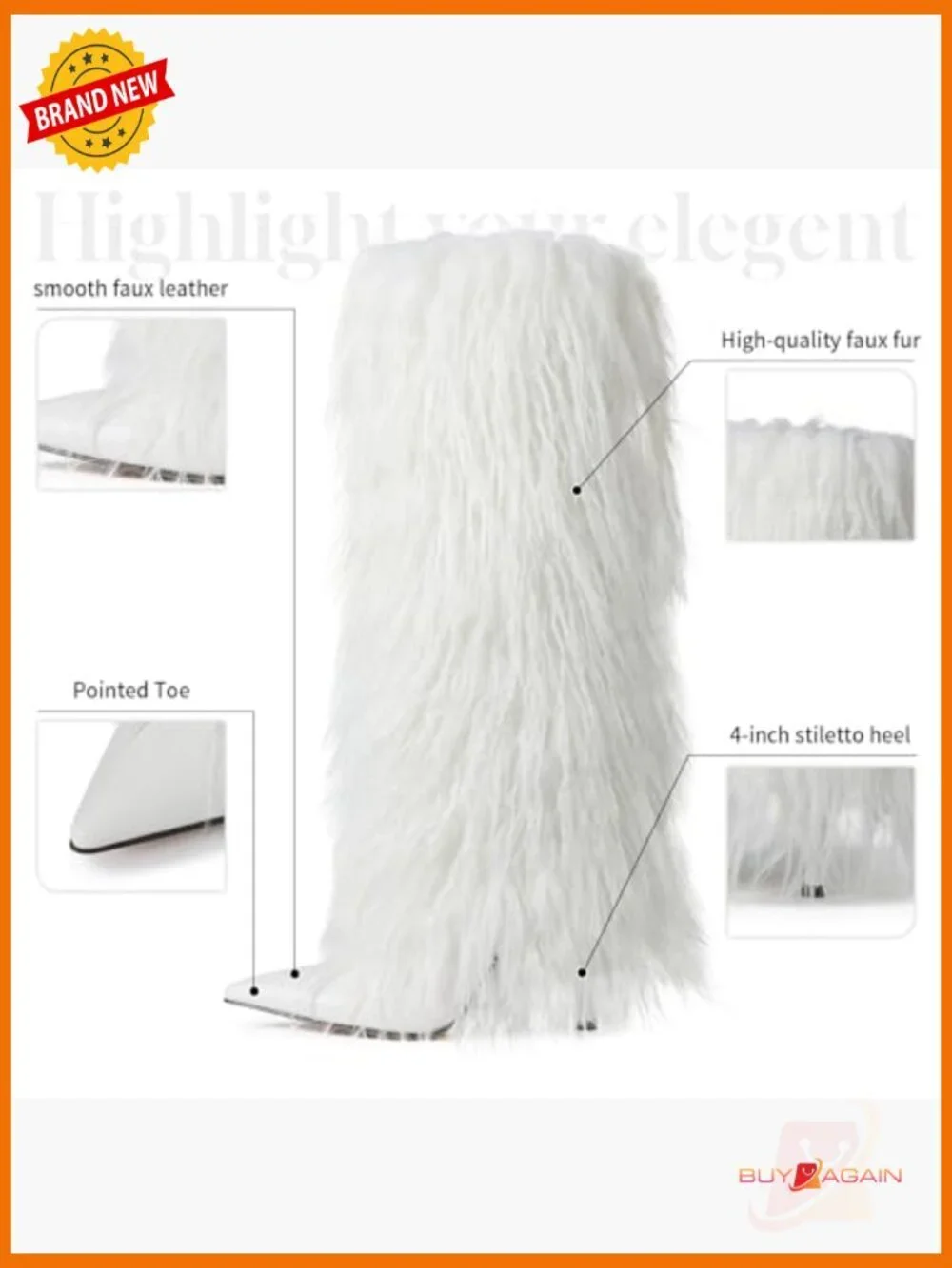 Knee High Faux Fur Boots Stiletto Heel Pointed Toe Wide Calf Slouchy